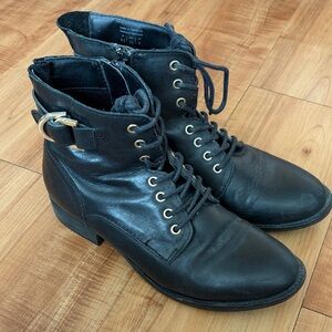Aldo Black Lace-Up Leather Boots with Gold Buckle